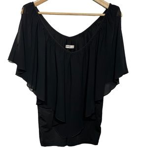 Anself XL women’s black V ruffle shirt holiday business shoulder cut out